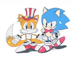 Size: 1571x1269 | Tagged: safe, artist:neku_646611, miles "tails" prower, sonic the hedgehog, 2025, bowtie, classic sonic, classic tails, duo, hat, simple background, smile, standing, white background
