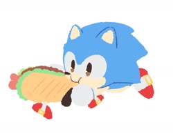 Size: 1668x1293 | Tagged: safe, artist:neku_646611, sonic the hedgehog, 2025, chili dog, classic sonic, eating, food, holding something, simple background, solo, white background