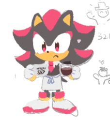 Size: 857x945 | Tagged: safe, artist:neku_646611, shadow the hedgehog, 2025, coffee, holding something, simple background, solo, standing, waiter, white background