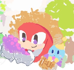 Size: 1334x1272 | Tagged: safe, artist:neku_646611, knuckles the echidna, chao, duo, food, grapes, holding something, neutral chao, smile