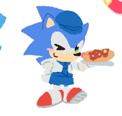 Size: 1213x1155 | Tagged: safe, artist:neku_646611, sonic the hedgehog, 2025, chili dog, food, hat, holding something, simple background, smile, solo, speech bubble, standing