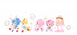 Size: 2048x931 | Tagged: safe, artist:neku_646611, amy rose, knuckles the echidna, miles "tails" prower, robotnik, sonic the hedgehog, human, 2025, alternate outfit, classic amy, classic knuckles, classic robotnik, classic sonic, classic tails, easter, egg, group, rabbit ears, smile, standing, walking