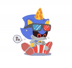 Size: 1545x1450 | Tagged: safe, artist:neku_646611, metal sonic, 2025, hat, party hat, robot, simple background, sitting, solo, white background