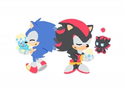Size: 1837x1291 | Tagged: safe, artist:neku_646611, shadow the hedgehog, sonic the hedgehog, chao, 2025, chao egg, character chao, eggshell, eyes closed, group, holding something, neutral chao, shadow chao, simple background, standing, white background