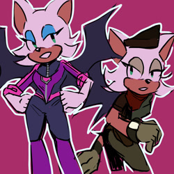 Size: 1000x1000 | Tagged: safe, artist:shadowmatcha, rebel rouge, rouge the bat, sonic prime, 2022, clenched teeth, duo, flat colors, looking at viewer, outline, pink background, self paradox, simple background, smile