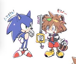 Size: 1639x1379 | Tagged: safe, artist:neku_646611, sonic the hedgehog, 2025, crossover, duo, holding something, japanese text, kingdom hearts, looking at each other, looking at them, mobianified, mouth open, simple background, smile, sora (kingdom hearts), standing, tanuki, white background