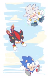 Size: 1280x2048 | Tagged: safe, artist:neku_646611, shadow the hedgehog, silver the hedgehog, sonic the hedgehog, 2025, chibi, clouds, day, falling, mouth open, outdoors, smile, trio