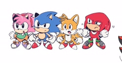 Size: 2048x1054 | Tagged: safe, artist:neku_646611, amy rose, knuckles the echidna, miles "tails" prower, sonic the hedgehog, 2025, classic amy, classic knuckles, classic sonic, classic tails, cute, group, mouth open, simple background, standing, white background