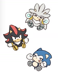 Size: 1193x1509 | Tagged: safe, artist:neku_646611, shadow the hedgehog, silver the hedgehog, sonic the hedgehog, 2025, chibi, cute, eyes closed, simple background, sitting, smile, trio, white background