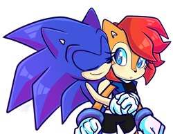 Size: 900x700 | Tagged: safe, artist:kellywolfarts, sally acorn, sonic the hedgehog, chipmunk, hedgehog, 2020, duo, hugging, redraw, sally x sonic, sally's ringblader outfit, shipping, straight