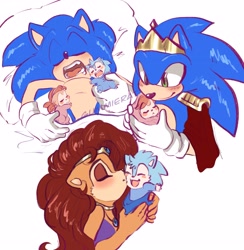 Size: 3755x3852 | Tagged: safe, artist:lilredgummie, manik acorn, sally acorn, sonia acorn, sonic the hedgehog, chipmunk, hedgehog, 2025, baby, carrying them, cute, father and daughter, father and son, king sonic, kiss, kiss on cheek, mother and son, pillow, quartet, queen sally acorn, sally x sonic, shipping, sleeping, straight, white background