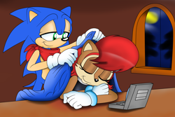Size: 3000x2000 | Tagged: safe, artist:classicsonicsatam, nicole the handheld, sally acorn, sonic the hedgehog, chipmunk, hedgehog, 2022, blanket, duo, moon, nighttime, sally x sonic, sally's ringblader outfit, scarf, shipping, sleeping, straight