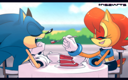 Size: 1670x1055 | Tagged: safe, artist:risziarts, sally acorn, sonic the hedgehog, chipmunk, hedgehog, 2025, cake, cup, drink, duo, eating, food, sally x sonic, sally's ringblader outfit, shipping, sitting, straight, valentine's day