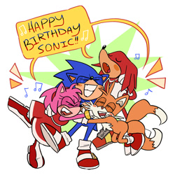Size: 1500x1500 | Tagged: safe, artist:eqqman, amy rose, knuckles the echidna, miles "tails" prower, sonic the hedgehog, echidna, fox, hedgehog, 2020, birthday, blushing, english text, eyes closed, group, happy birthday, hugging, musical note, smile, speech bubble, team sonic, text