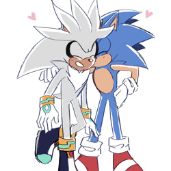Size: 1000x1000 | Tagged: safe, artist:shadowmatcha, hedgehog, 2020, cute, duo, eyes closed, flat colors, gay, hand on hip, heart, kiss, kiss on cheek, shipping, silver, silver x sonic, simple background, smile, sonic, standing, tan skin, white background