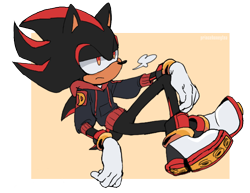 Size: 1826x1411 | Tagged: safe, artist:princehoneytea, shadow the hedgehog, hedgehog, 2020, clothes, flat colors, frown, hand on knee, hoodie, leaning back, lidded eyes, looking offscreen, semi-transparent background, sitting, solo
