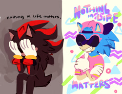 Size: 1280x984 | Tagged: safe, artist:peachdeluxe, shadow the hedgehog, sonic the hedgehog, hedgehog, 2017, arms folded, cap, duo, english text, hands on own face, hat, meme, nihilism, shirt, sitting, smile, sunglasses, text, thumbs up, two sides