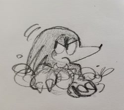 Size: 2048x1822 | Tagged: safe, artist:mossworm, knuckles the echidna, echidna, 2021, cute, dirt, frown, hole, knucklebetes, lidded eyes, line art, looking back, pencilwork, solo, traditional media