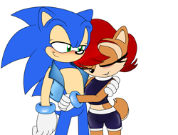 Size: 2650x2000 | Tagged: safe, artist:classicsonicsatam, sally acorn, sonic the hedgehog, chipmunk, hedgehog, 2022, duo, leaning on them, sally x sonic, sally's ringblader outfit, shipping, straight, white background