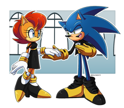 Size: 1222x1068 | Tagged: safe, artist:risziarts, sally acorn, sonic the hedgehog, chipmunk, hedgehog, 2022, alternate outfit, clothes, dress, duo, sally x sonic, shipping, straight, suit, window