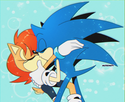 Size: 1350x1102 | Tagged: safe, artist:risziarts, sally acorn, sonic the hedgehog, chipmunk, hedgehog, 2023, blue background, duo, holding each other, kiss, sally x sonic, sally's ringblader outfit, shipping, straight