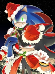 Size: 1500x2000 | Tagged: safe, artist:fiiiiish91314, shadow the hedgehog, sonic the hedgehog, 2025, baseball bat, blood, blood on face, christmas, duo, gay, hat, holding something, lidded eyes, looking at viewer, nighttime, outdoors, santa hat, santa outfit, shadow x sonic, shipping, sitting, sitting on them, smile, standing, star (sky)