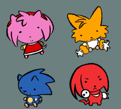 Size: 1906x1718 | Tagged: safe, artist:scribblemonster, amy rose, knuckles the echidna, miles "tails" prower, sonic the hedgehog, 2025, chibi, cute, flat colors, grey background, group, simple background, team sonic