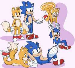 Size: 1321x1200 | Tagged: safe, artist:aestheticsharts, miles "tails" prower, sonic the hedgehog, 2020, carrying them, duo, flying, frown, holding hands, looking at each other, paper, pencil, sitting, smile, spinning tails, standing