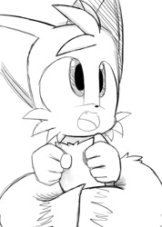 Size: 786x1101 | Tagged: safe, artist:intensityofcolor, miles "tails" prower, 2019, cute, line art, looking offscreen, monochrome, mouth open, one fang, open smile, simple background, smile, solo, tailabetes, white background