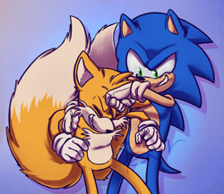 Size: 1280x1113 | Tagged: safe, artist:lustrouspalla, miles "tails" prower, sonic the hedgehog, 2019, duo, eyes closed, gradient background, looking at them, noogie, smile, standing