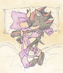 Size: 1042x1196 | Tagged: safe, artist:aleespace-art, espio the chameleon, shadow the hedgehog, cuddling, gay, shadpio, shipping, sleeping, tail around leg