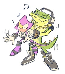 Size: 852x965 | Tagged: safe, artist:aleespace-art, espio the chameleon, vector the crocodile, headphones, lifting them, musical note