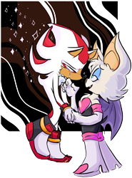 Size: 1570x2121 | Tagged: safe, artist:mushroomminded, rouge the bat, shadow the hedgehog, super shadow, comforting, crying, flying, mid-air, standing, super form