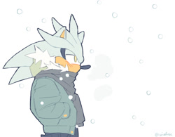 Size: 1280x1000 | Tagged: safe, artist:wiafrac, silver the hedgehog, coat, hands in pocket, lidded eyes, looking offscreen, scarf, snow, snowing, standing, winter outfit