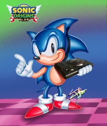 Size: 1685x1975 | Tagged: safe, artist:spindazhjx, sonic the hedgehog, sonic origins, classic sonic, greg martin style, holding something, master system, redraw, signature, smile, sonic origins plus, standing, style emulation, wagging finger