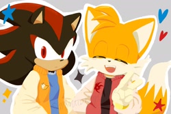 Size: 2048x1365 | Tagged: safe, artist:mintcandycoffee, miles "tails" prower, shadow the hedgehog, age difference, clothes, eyes closed, heart, jacket, looking at viewer, outline, shadow x tails, shadow's logo, shipping, shirt, smile, star (symbol), tails logo, v sign, varsity jacket