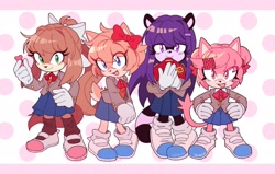 Size: 1917x1223 | Tagged: safe, artist:over_x6, cat, raccoon, barely sonic related, crossover, cute, doki doki literature club, mobianified, monica (doki-doki), natsuki (doki-doki), sayori (doki-doki), yuri (doki-doki)
