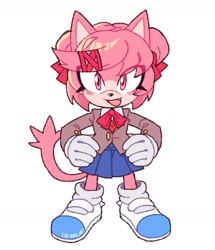 Size: 1552x1806 | Tagged: safe, artist:over_x6, cat, barely sonic related, blushing, crossover, cute, doki doki literature club, eye clipping through hair, hands on hips, mobianified, natsuki (doki-doki), standing