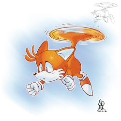 Size: 2700x2700 | Tagged: safe, artist:thewatermelonfox, miles "tails" prower, classic tails, flying, gradient background, looking offscreen, mid-air, outline, redraw, reference inset, signature, spinning tails