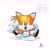 Size: 2699x2699 | Tagged: safe, artist:thewatermelonfox, miles "tails" prower, fox, classic sonic (universe), classic tails, male, mouth open, one fang, open smile, redraw, reference inset, signature, simple background, sitting, smile, smiling at viewer, white background