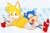 Size: 736x491 | Tagged: dead source, safe, artist:den255, miles "tails" prower, sonic the hedgehog, :o, abstract background, classic sonic, classic tails, duo, holding something, lying down, mouth open, remote controller, sitting, sleeping