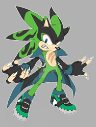 Size: 774x1032 | Tagged: safe, artist:thatblue-bolt, scourge the hedgehog, hedgehog, black fur, blue eyes, fingerless gloves, green fur, jacket, male, shoes, solo