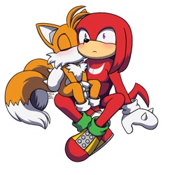 Size: 1750x1750 | Tagged: safe, artist:hyrulepirate, knuckles the echidna, miles "tails" prower, 2024, blushing, duo, frown, gay, hand on back, kiss on cheek, knuxails, shipping, shrunken pupils, signature, simple background, sitting, sitting on them, surprise kiss, surprised, white background