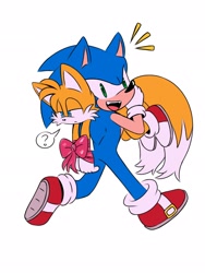 Size: 1536x2048 | Tagged: safe, artist:jhoycookie, miles "tails" prower, sonic the hedgehog, 2025, bow, carrying them, duo, flat colors, frown, gay, looking at viewer, looking down, question mark, shipping, simple background, smile, sonic x tails, walking, white background