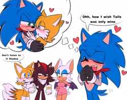 Size: 1900x1507 | Tagged: safe, artist:jhoycookie, miles "tails" prower, rouge the bat, shadow the hedgehog, sonic the hedgehog, 2025, alternate outfit, angry, bandana, blushing, dialogue, english text, eyes closed, group, heart, holding each other, jealously, shadails, shipping, simple background, smile, sonic x tails, speech bubble, standing, thought bubble, wagging tail, white background