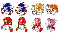 Size: 2048x1229 | Tagged: safe, artist:kolsanart, amy rose, knuckles the echidna, miles "tails" prower, sonic the hedgehog, sonic adventure, 2025, adventure pose, classic amy, classic knuckles, classic sonic, classic tails, design comparison, group, posing, simple background, smile, uekawa style, white background