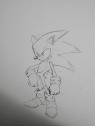 Size: 795x1060 | Tagged: safe, artist:niiorv, sonic the hedgehog, 2025, hand on hip, line art, looking offscreen, modern sonic, monochrome, pencilwork, smile, solo, standing, traditional media