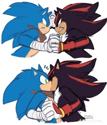 Size: 735x858 | Tagged: safe, artist:not_leonie, shadow the hedgehog, sonic the hedgehog, 2025, clenched teeth, duo, eyes closed, fight, frown, gay, holding hands, kiss, looking at each other, shadow x sonic, shipping, signature, simple background, sonic boom (tv), surprise kiss, surprised, white background