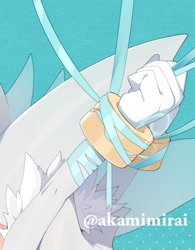 Size: 389x500 | Tagged: safe, artist:akamimirai, silver the hedgehog, 2023, bondage, ribbon, signature, solo, tied up