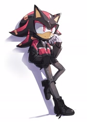 Size: 1370x1905 | Tagged: safe, artist:41waysu, shadow the hedgehog, 2025, alternate outfit, bandaid, boots, cute, facemask, frown, hand in pocket, jacket, leaning back, looking offscreen, pants, shadow (lighting), shadowbetes, shoelaces, simple background, solo, standing, untied shoelace, white background